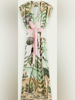 Scotch & Soda Green, Pink & Cream Botanical Maxi Dress. No belt.